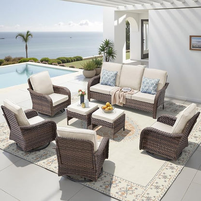 Patio Wicker Chairs Swivel Rocker Outdoor Rocking Chairs Set of 7 Rattan Furniture Set with Thick Cushion, Sofa, Ottomans for Balcony Deck Backyard, Beige
