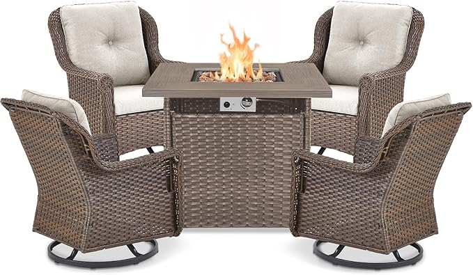 Outdoor Patio Swivel Gliders with Fire Pit Table 5 Piece Set - High Back Brown Wicker Rattan Rocking Chair with Thick Cushion for Porch Apartment Deck Yard Poolside Garden - Beige