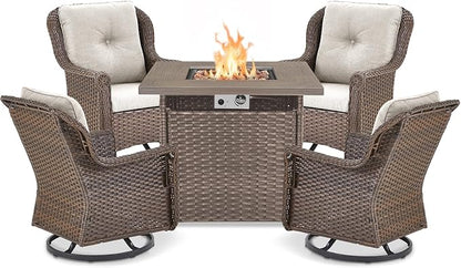 Outdoor Patio Swivel Gliders with Fire Pit Table 5 Piece Set - High Back Brown Wicker Rattan Rocking Chair with Thick Cushion for Porch Apartment Deck Yard Poolside Garden - Beige
