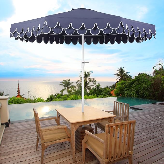 JONATHAN Y UMB1002G Tracy 9 ft. Classic MidCentury Scalloped Fringe Market Patio Umbrella with Auto-Tilt Crank, Wind Vent and UV Protection in Navy/White, White Pole