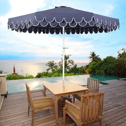 JONATHAN Y UMB1002G Tracy 9 ft. Classic MidCentury Scalloped Fringe Market Patio Umbrella with Auto-Tilt Crank, Wind Vent and UV Protection in Navy/White, White Pole