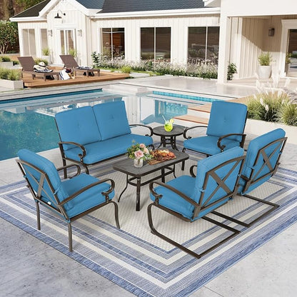 7-Piece Outdoor Metal Furniture Sets Patio Conversation Set, Wrought Iron Loveseat, 2 Dining Chairs, 2 Spring Chairs and Coffee Table, Peacock Blue