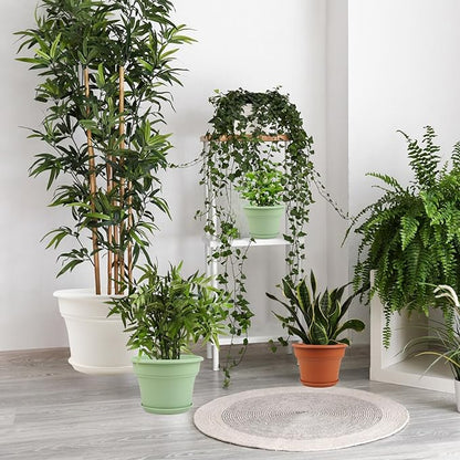 11 Inch Plastic-Flower-Pot-for-Indoor-Plants, 4 Pack Large Outdoor Planter Pot with Drainage Holes & Saucers, Resin Decorative Garden Pots Planters