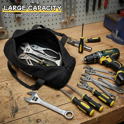 14 Inch Small Tool Bags for Men, Wide Mouth Zipper Tool Storage Bag, Large Capacity Canvas Tool Tote Bag, Multi-Function Tool bag for Storage Wrenches, Screwdrivers, Repair Tools (Black)