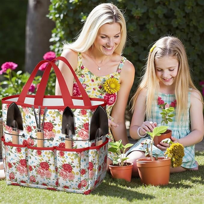 Floral Garden Tool Bag - Waterproof Garden Tote with 8 Pockets, Large Storage Home Organizer Gardening Tool Oxford Bag for Garden Tools Kits Holder, Ideal Outdoor Gardening Gift for Women & Men
