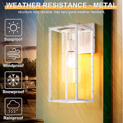 15.7 Inch Outdoor Wall Lights, Outdoor Wall Lantern with Circular Clear Glass Shade, Waterproof Exterior Lighting Fixtures, Modern Front Porch Lighting for House, Garage, E26 Base, ETL Listed, White