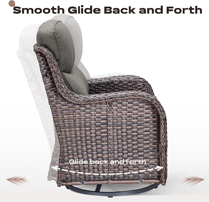 Rilyson Outdoor Patio Swivel Rocker Chairs Set of 2, Waterproof Wicker, High Back, Deep Seating, Wide Armrest, Upgraded 6 inch Thick Cushions, Side Table, Ideal for Deck Porch Yard, Brown-Grey