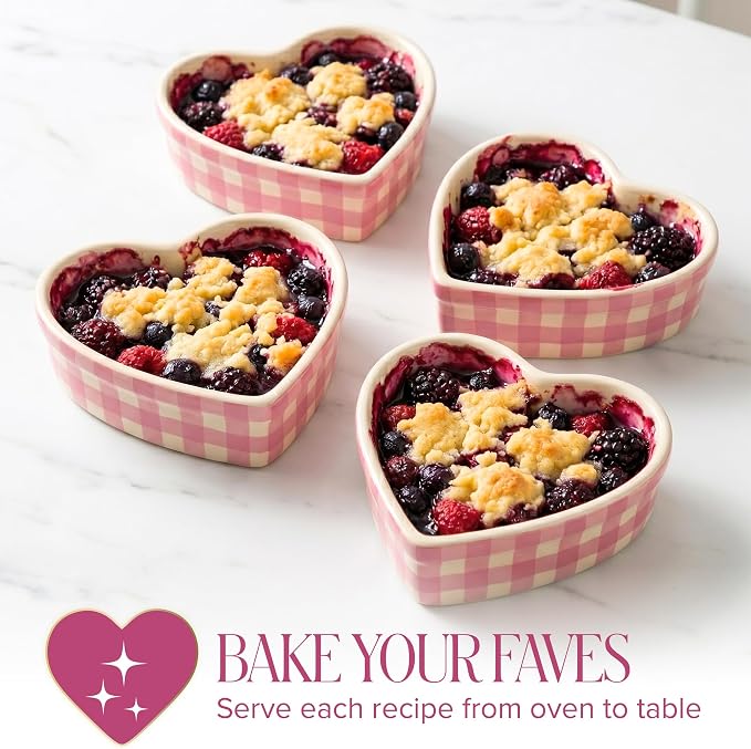 Paris Hilton Heart Shaped Ramekins Oven Safe, 4-Piece Mini Ceramic Ramekin Set, Stoneware Baking Dishes, Microwave, Dishwasher & Freezer Safe, Gingham Design, 3-Ounce, Pink