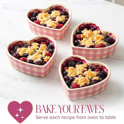 Paris Hilton Heart Shaped Ramekins Oven Safe, 4-Piece Mini Ceramic Ramekin Set, Stoneware Baking Dishes, Microwave, Dishwasher & Freezer Safe, Gingham Design, 3-Ounce, Pink
