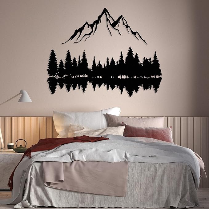 Mountain and Forest Lake Reflection Metal Wall Art, Nature-Inspired Silhouette Decor for Living Room, Bedroom or Office, Large Outdoor Wall Decor, Nature Christmas Décor (Black, 18x14 inches)