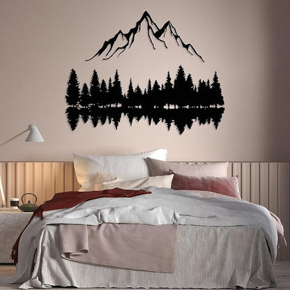 Mountain and Forest Lake Reflection Metal Wall Art, Nature-Inspired Silhouette Decor for Living Room, Bedroom or Office, Large Outdoor Wall Decor, Nature Christmas Décor (Black, 18x14 inches)