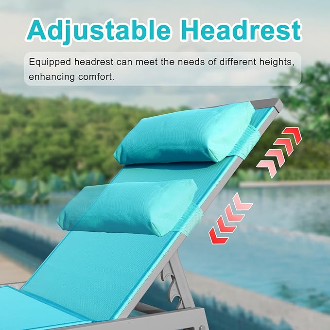 Domi Patio 3 Pieces Aluminum Textilene Chaise Lounge Set with Side Table Outdoor, Adjustable Back and Pillow for Yard Garden Sunbathing for All Seasons, Lake Blue
