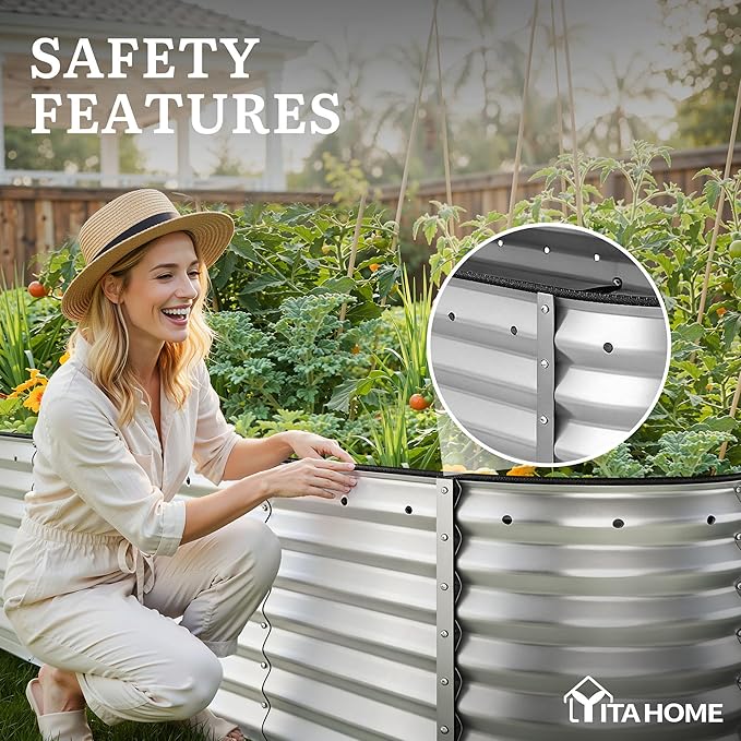 YITAHOME 8x2x2ft Large Raised Garden Bed Kit, 24" Tall 9 in 1 Galvanized Metal Planter Box with Gloves and Safety Rubber, Outdoor Above Ground Planters for Plants Vegetables Flowers, Silver