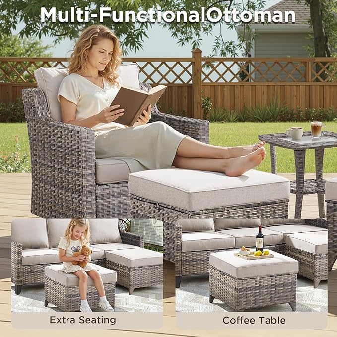 Buenhomino 3 Pieces Patio Furniture Sofa Set-Outdoor Wicker Patio Furniture Covered Couch with Multifunctional Ottoman and All-Weather Patio Conversation Set for Backyard Porch Garden Grey/Beige