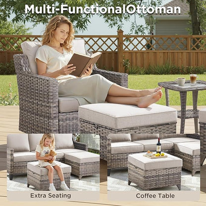 14 Piece Patio Furniture Set-High Back Outdoor Furniture Set Sectional Sofa with Wicker Swivel Patio Chairs,Comfy Cushions Ottomans for Porch Balcony Patio Deck Grey/Beige
