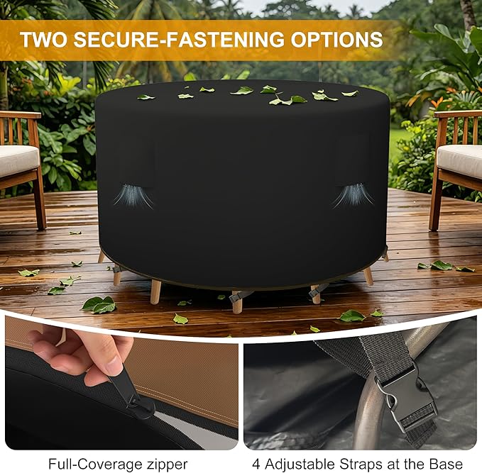 HDCAXKJ Round Patio Table Cover Waterproof Outdoor Dining Table and Chair Set Cover Heavy Duty Round Protector with Zipper Anti-Fading Cover for Outdoor Furniture (Black, 110"DIA x 39"H)