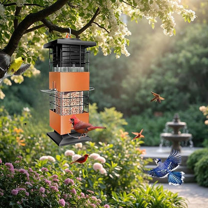 Squirrel Proof Bird Feeder, 3Lbs Hanging Anti-Squirrel Bird Feeders for Outdoors, Metal Weight-Activated Perches Wild Birdfeeder for Blue Jay, Cardinal (Brown)