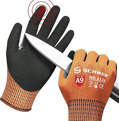 Schwer ProGuard High Level Cut Resistant Work Gloves PR3326 for Extreme Protection，ANSI A9 Cut Gloves with Reinforced Thumb, Non Slip, Durable, Touch-screen, Orange 1 Pair(XXL)