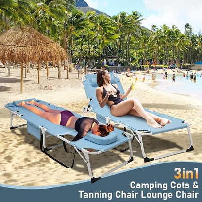 DoCred Heavy Duty XXL Tanning Chair with Face Hole&Mat, Oversized 5-Position Folding Chaise Lounge Chairs for Outside, Portable Beach Lounge Chair for Outdoor Sunbathing Beach Pool Lawn Camping