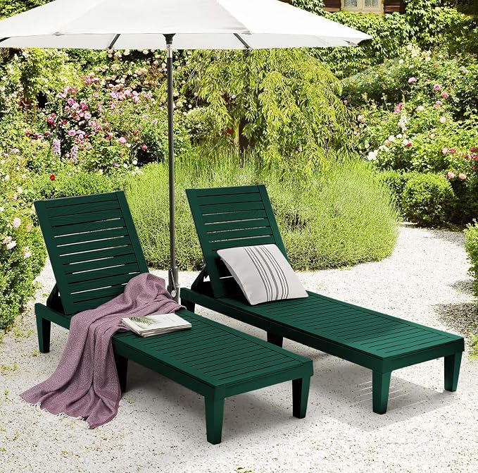 Nestl Sun Tanning Chair - Forest Green Chaise Lounge Chair Outdoor, Lightweight Pool Lounge Chairs, Adjustable 5-Position Reclining Lawn Chair, Waterproof Beach Outdoor Lounge Chairs