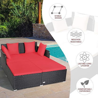 COSTWAY Outdoor Patio Rattan Daybed, Sponge Cushioned Loveseat Sofa with 4 Pillows, Wicker Furniture Sunbed for Balcony, Courtyard (Red)