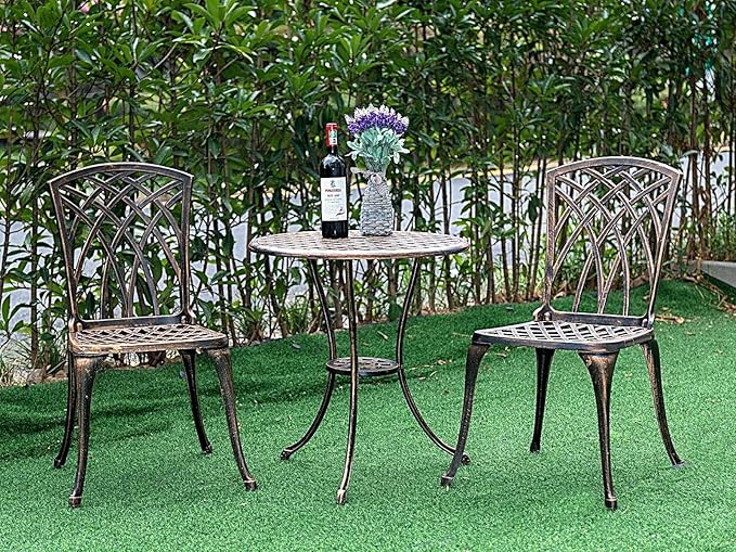 Bistro Set 3 Piece Cast Aluminum Patio Furniture Sets 2 Chairs and 1 Round Table with Umbrella Hole for Outdoor, Patio Balcony, Bronze