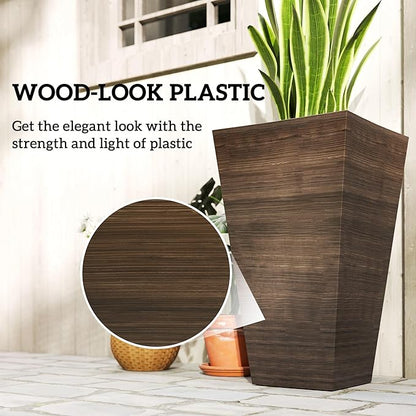 Outsunny Tall Planter for Outdoor Plants Set of 3, 28 Inch Taper Planter with Drainage Holes, Wood Grain Decor Garden Pot for Indoor Outdoor Porch Patio Backyard, Brown