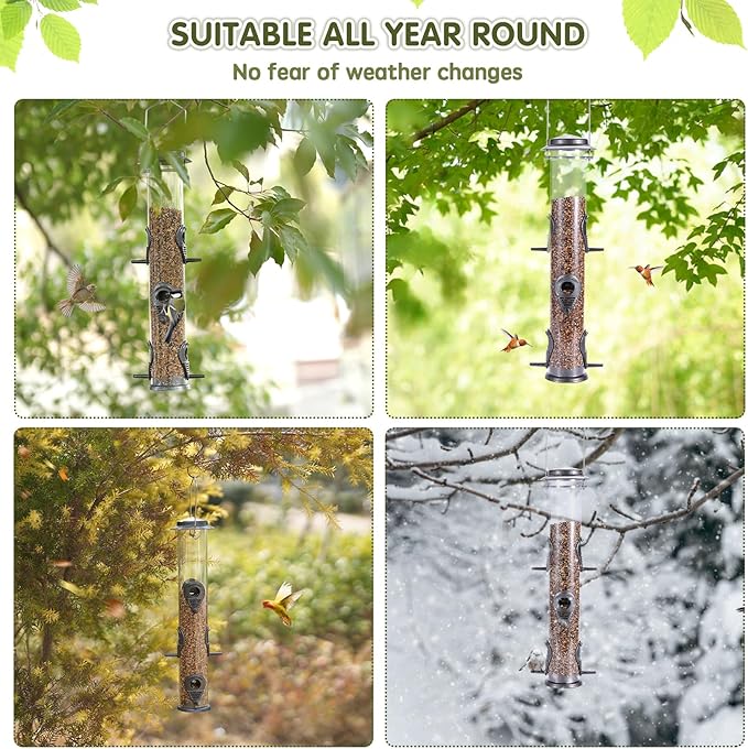 Metal Bird Feeder Tube Hanging Wild Bird Seed Feeder Aluminum Six Port Bird Feeders,1.4 mm Extra Thick Solid Tube Transparent with Steel Hanger Great for Attracting Birds (Grey 2PK)