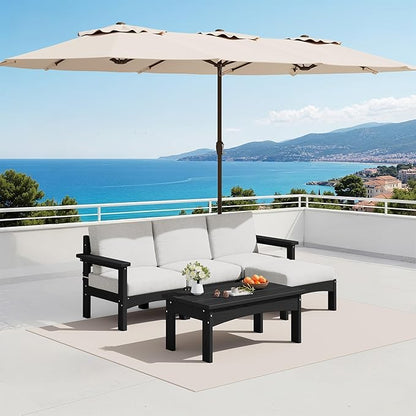 SERWALL 5-Piece Patio Sofas with 15FT Double Side Patio Umbrella, All-Weather HDPE Outdoor Sectional Sofa, Large Modular Patio Conversation Set for Garden, Deck, Porch, Black Frame with Khaki Cushion
