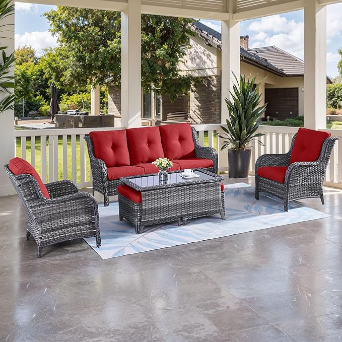 HUMMUH Outdoor Furniture 6 Pieces Patio Furniture Set Wicker Outdoor Sectional Sofa with 2 Patio Chairs,Ottomans,Coffee Table(Grey/Red)