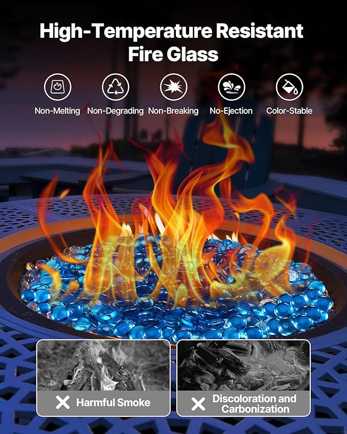 VEVOR Fire Glass, 10 lbs / 4.5 kg High-Temperature Resistant Fireplace Rocks, 3/4-Inch / 19.05 mm Reflective Firepit Glass Beads, High Luster Stone Landscaping for Fire Pit Table, Caribbean Blue