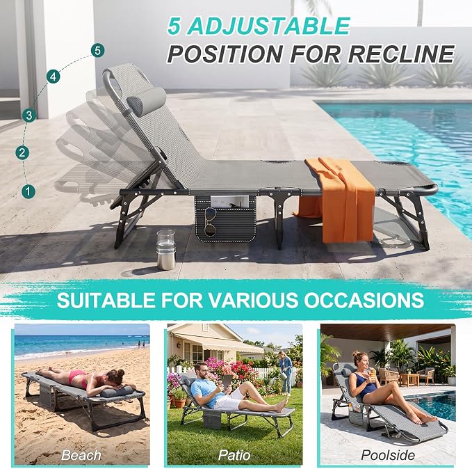 ABORON 3-in-1 Folding Patio Lounge Chair, 440LB Heavy-Duty Tri-Fold Guest Bed with Plush Cotton Cushion, No Assembly Adjustable Recliner for Office Nap, Patio Sunbathing, Poolside & Camping