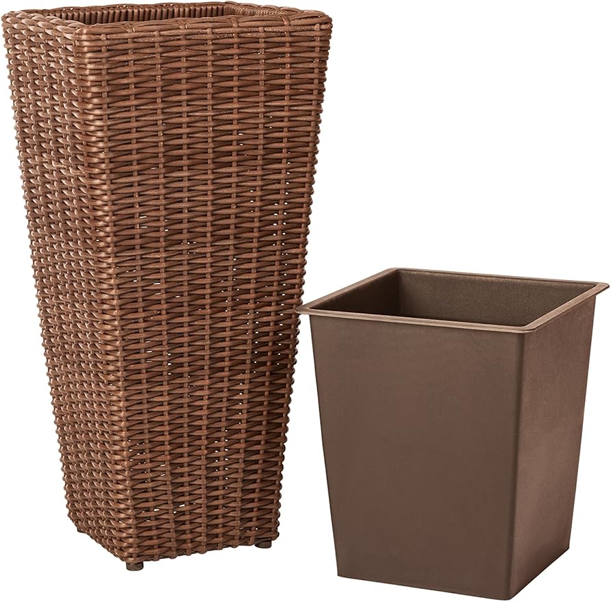 Balkene Home 62501 Alto Wicker All-Weather Planter Set with Liners Tall Plant Decor Box for Outdoors Patio Herb Garden Furnishings - Mocha - Pack of 2