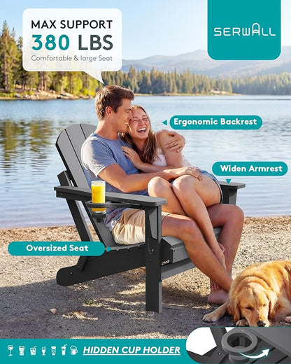 SERWALL Folding Adirondack Chair with Cup Holder for Outdoor, All-Weather Patio Chairs with Wood Texture, Fire Pit Chairs for Deck Porch Garden - Gray