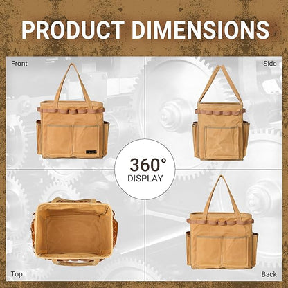 Water Resistant Gardening Tool Bag with Handles - 6 Pockets Utility Self-Standing Organizer for Camping/Garden/Car Storage, 14" x 13" x 10" | Khaki