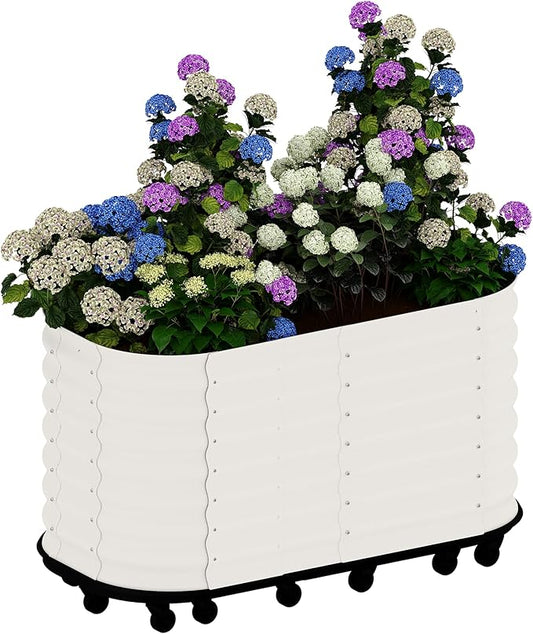 GarveeHome Self-Watering Wheeled Metal Garden Bed – Mobile Raised Planter Box with Water, Galvanized Steel Indoor/Outdoor Rolling Grow Station for Herbs, Veggies & Decor （59 in x23.6 in x27.5,White