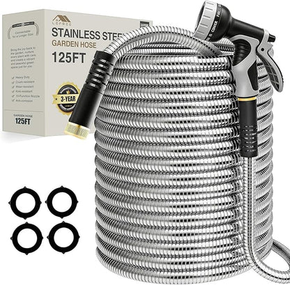 Lefree 125ft Stainless Steel Garden Hose - No-Kink Leak-Proof Crush Resistant, Dog Chew Proof with Upgraded Protective Rubber Sleeve, 10-Function Nozzle for Large Yard, Gardening, RV, Pet Bath