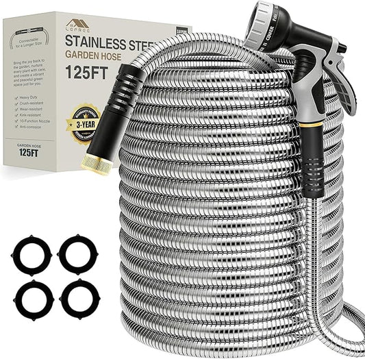 Lefree 125ft Stainless Steel Garden Hose - No-Kink Leak-Proof Crush Resistant, Dog Chew Proof with Upgraded Protective Rubber Sleeve, 10-Function Nozzle for Large Yard, Gardening, RV, Pet Bath