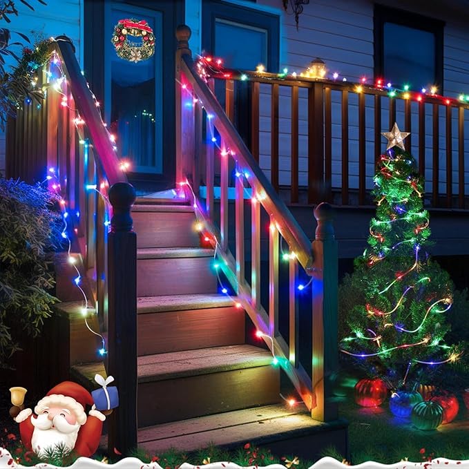 YEGUO Solar Christmas Lights Outdoor Waterproof, 2 Packs Each 33ft 100 LED Rope Lights, 8 Modes Fairy String Lights in Clear Thin Tube for Camping Fence Patio Garden Trampoline Deck(Multicolor)