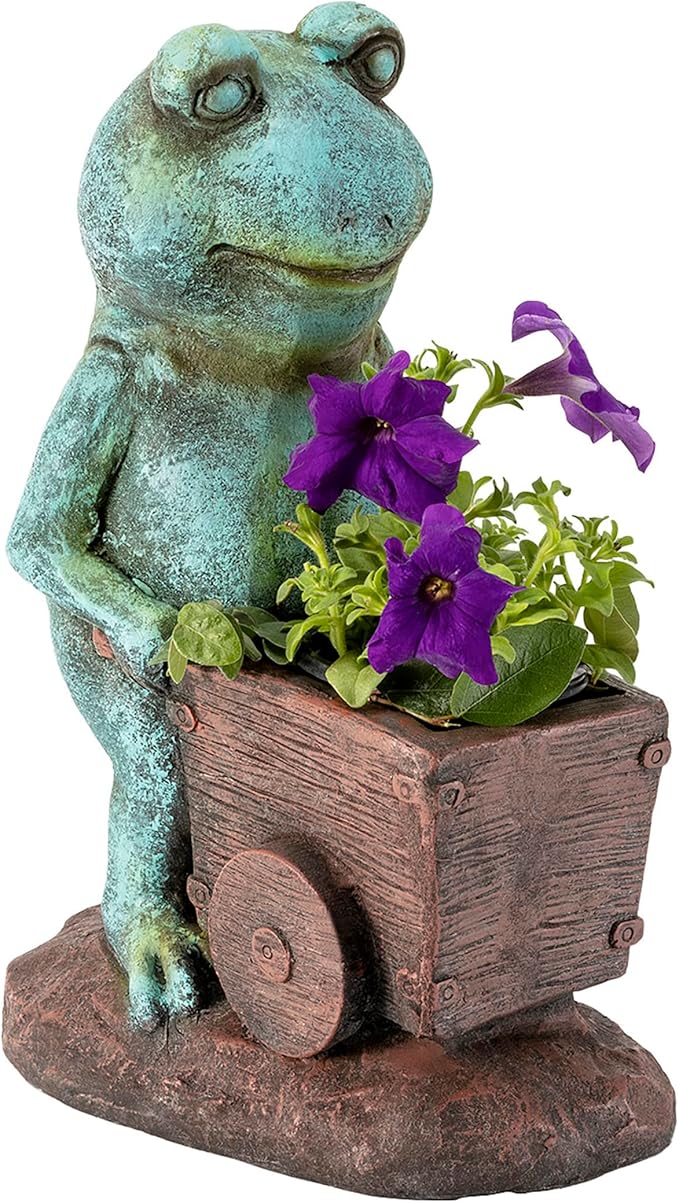 Alpine Corporation ZEN716 Outdoor Frog Pushing Wagon Planter, Garden Statue Decoration, 15" Tall, Green