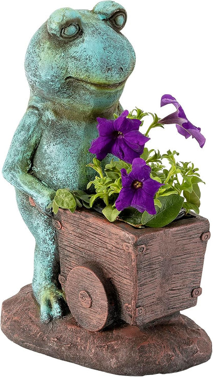 Alpine Corporation ZEN716 Outdoor Frog Pushing Wagon Planter, Garden Statue Decoration, 15" Tall, Green