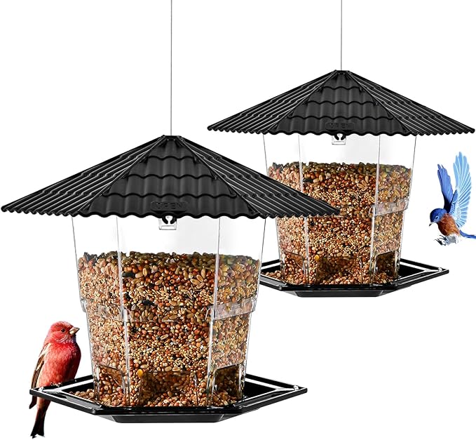 Jealoeur Bird Feeders for Outdoors Hanging Birds Feeder Wild Birds Seed, Black 2 Pack B