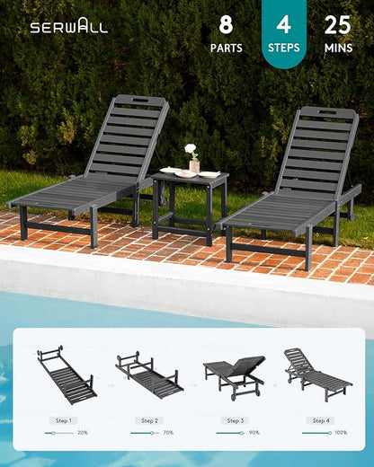 SERWALL Patio Chaise Lounge, HDPE Outdoor Lounge Chair with Cup Holder, 5 Positions Adjustable Poly Lounge Chair with Rolling Wheels for Poolside, Deck, Sunbathing, Grey