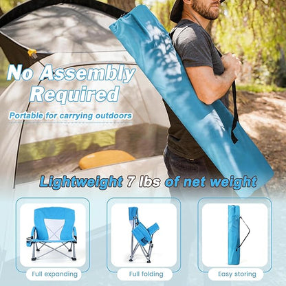 HaSteeL Low Beach Chairs for Adults, Lightweight Camping Folding Chair with Carrying Bag, Portable for Outdoors Lawn Backyard Patio RV Trip Fishing Sport Tailgating, Support 300LBS, Blue, 2 Pack