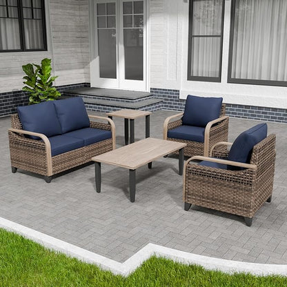 Modern Wicker Patio Furniture Set, Rattan Outdoor Conversation Set with Comfortable Cushions, 2 Patio Chairs, 2 Seat Loveseat, Coffee Table and Side Table, 5 Pieces, Brown/Blue