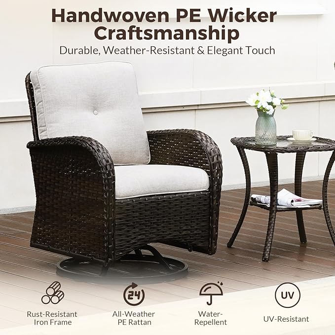 Outdoor Swivel Rocking Bistro Set, 3-Piece PE Patio Furniture Set with Cushions and Glass Table, All-Weather 360° Rotating Wicker Chairs and Table Set for Porch, Deck, Balcony, Backyard