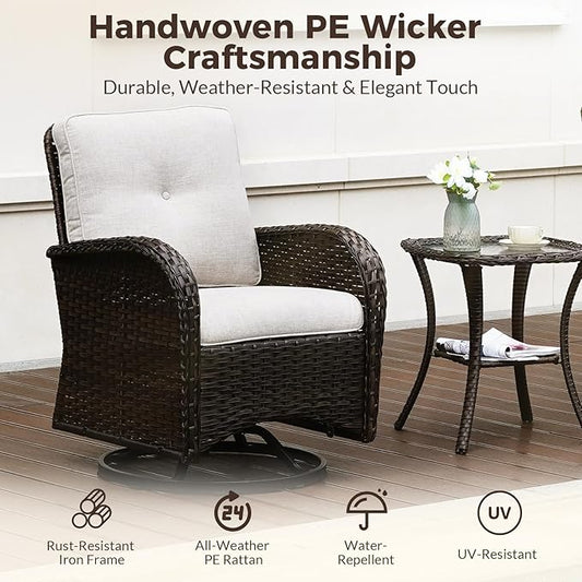 Outdoor Swivel Rocking Bistro Set, 3-Piece PE Patio Furniture Set with Cushions and Glass Table, All-Weather 360° Rotating Wicker Chairs and Table Set for Porch, Deck, Balcony, Backyard
