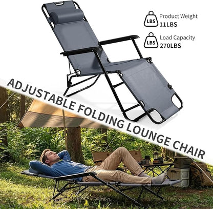 Outdoor Folding Chaise Lounge Chair, Patio Sun Lounger Reclining Beach Chair Sun Patio Pool Lawn Recliner Chair (Gray)