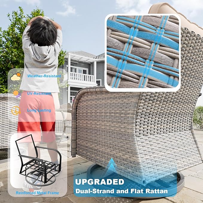 5-Piece Small Patio Furniture Set, Outdoor Swivel Rocking Chairs Set with Ottomans, Patio Bistro Set for Balcony, Deck, Porch, Khaki