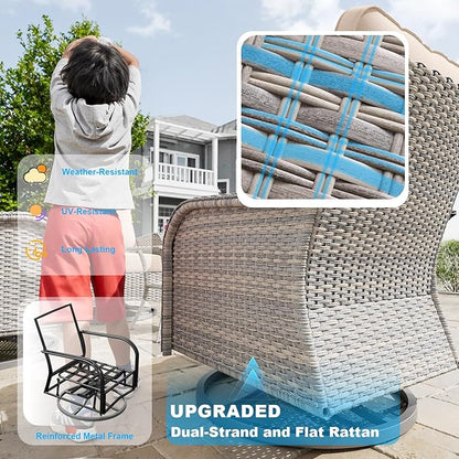 5-Piece Small Patio Furniture Set, Outdoor Swivel Rocking Chairs Set with Ottomans, Patio Bistro Set for Balcony, Deck, Porch, Khaki